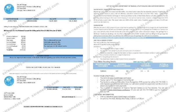 USA City of Chicago department of finance utility bill statement in Word and PDF formats